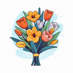 Graphic image of a bouquet of spring tulips on a blue background. Simple flower bouquet icon. AI generated illustration
