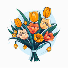 Graphic image of a bouquet of spring tulips on a blue background. Simple flower bouquet icon