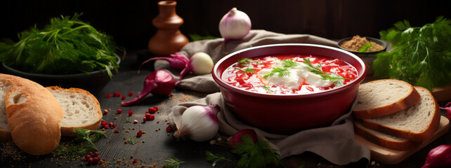 Traditional ukrainian cuisine. Bowl with tasty red borscht soup. - obrazy, fototapety, plakaty
