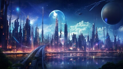 A futuristic cityscape with illuminated skyscrapers and flying vehicles against the backdrop of a starry night sky.