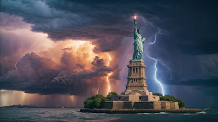 Zelfklevend Fotobehang Vrijheidsbeeld Estatua de la Libertad frente a una tormenta con rayos, New York, EE.UU. 