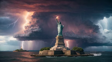 Foto auf Acrylglas Freiheitsstatue Estatua de la Libertad frente a una tormenta con rayos, New York, EE.UU. 