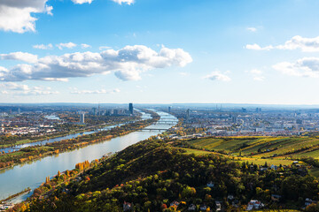 Panoramic view from a vineyard hill over the Danube River in Vienna, Austria. Donaustadt is the...