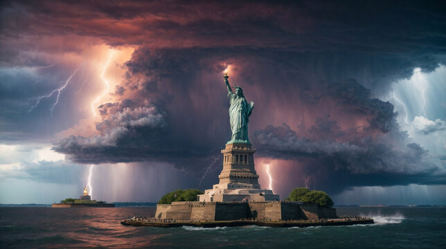 Estatua de la Libertad frente a una tormenta con rayos, New York, EE.UU. 