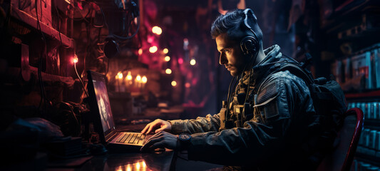 Portrait of soldier wearing a military uniform, operating at his computer and talking through his headphones. Soldier operating laptop. Сyberpunk style. - obrazy, fototapety, plakaty