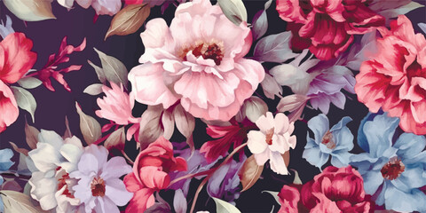 Obraz na płótnie Canvas Vintage floral seamless pattern. Vector illustration of flowers, plants and leaves on black background for pattern or poster.