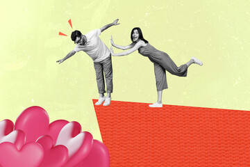 Creative poster collage of girl push force man fall hearts pile valentine day love dating concept...