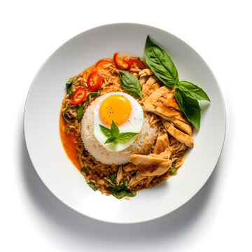 Chicken with basil and fried egg, white background, generative AI