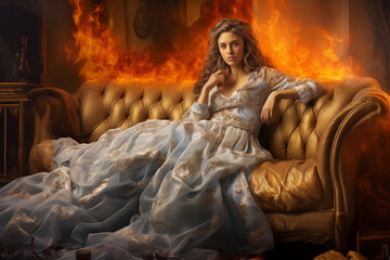 Sofa on fire, woman sits on it relaxed