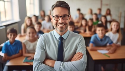 Portrait of a male teacher. A man in a blue shirt and glasses stands in front of his students - obrazy, fototapety, plakaty