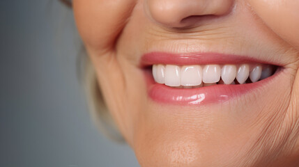 Obraz premium Beautiful elder woman's smile with healthy white, straight teeth close-up on light background with space for text