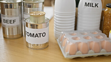 Young hispanic man volunteer packing food cardboard box to donate at charity center