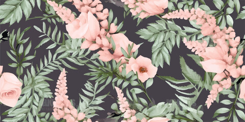 Seamless pattern with pink white flowers, fern and leaves. Botanical illustration. Vector.