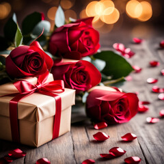 bokeh background with roses and gift with red ribbon in the left side of the pictins. Happy Valentine Day 