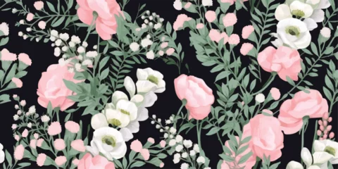Fotobehang Seamless pattern with pink white flowers, fern and leaves. Botanical illustration. Vector. © Eli Berr