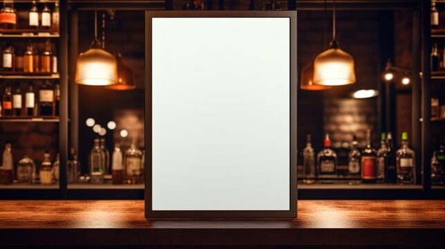 Generative AI, poster mock up for logo design, brand presentation, aesthetic muted neutral colors, on blurred night bar or restaurant background