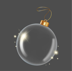 Realistic hanging glass christmas balls empty. 3d xmas tree decoration, transparent crystal sphere 