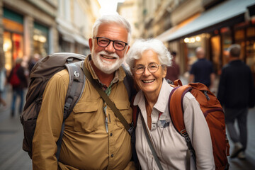 Traveling senior couple tourists with backpacks walking around the city
