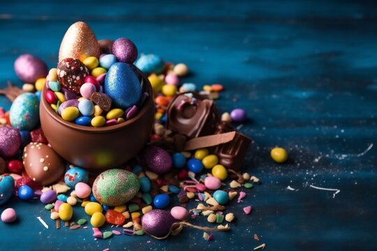Delicious chocolate Easter eggs and sweets on a dark blue background