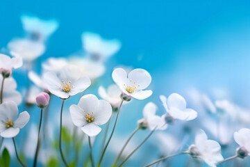 Delicate White Primroses on an Atmospheric Blue Background. Primrose flowers in the undergrowth