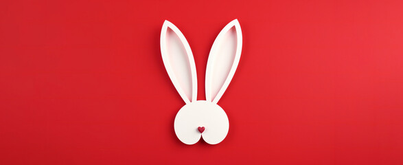 Easter greeting card with white paper cut Bunny Ears isolated on a red background, - obrazy, fototapety, plakaty