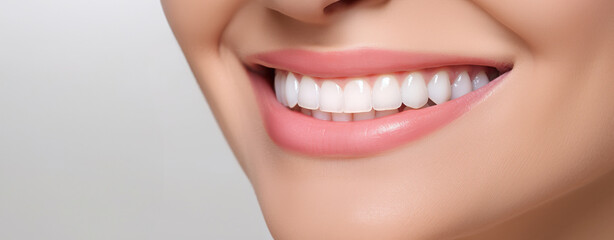 Fototapeta premium Banner of Beautiful woman's smile with healthy white, straight teeth close-up on one tone background with space for text