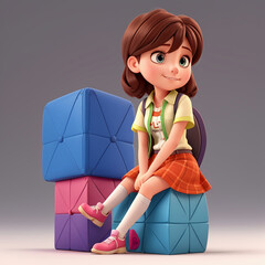 3d model a girl with a backpack is sitting on cubes