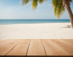 Fototapeta na wymiar Wood table view against a tropical beach