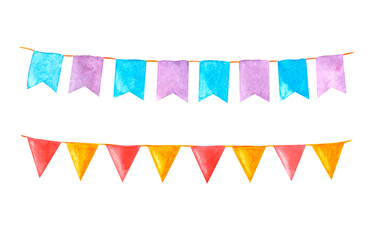 Fototapeta premium Watercolor clipart holiday garland colorful flag. Illustration hand painted isolated elements. Christmas postcard. Art for design