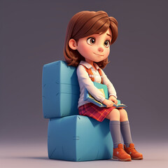 3d model a girl is holding a book and sitting on cubes