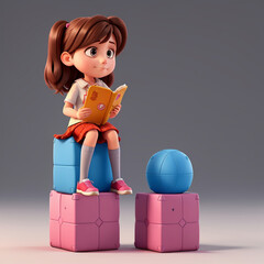3d model a girl is reading a book and sitting on cubes
