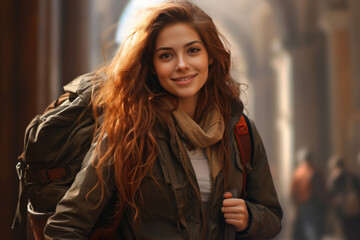 Woman tourist with backpack walking in the city