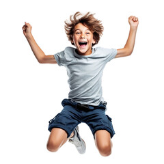 Happy young boy jumping alone, isolated on a white background Transparent PNG - obrazy, fototapety, plakaty