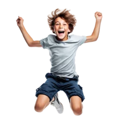 Fotobehang Happy young boy jumping alone, isolated on a white background Transparent PNG © wiizii