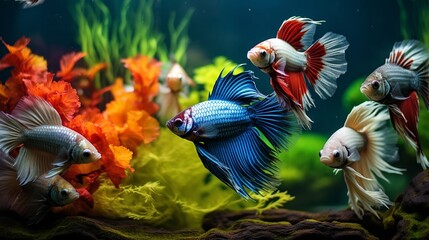 A group of colorful fish swimming gracefully in a well-maintained aquarium, their scales shimmering. - obrazy, fototapety, plakaty