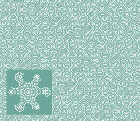 Seamless ornamental floral pattern with wavy white dotted lines on a green background. Modern abstract geometric design with small circles. Aboriginal dot art. Vector illustration.