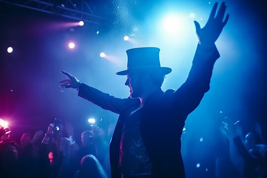 A magician in a hat on stage among people in the midst of a performance.