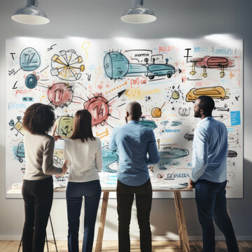 Diverse group of businesspeople engaged in a collaborative meeting at a whiteboard. Innovative office teamwork. ai generative