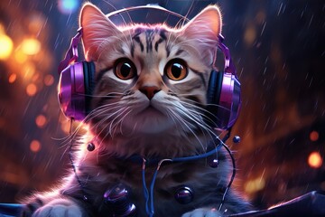 Cat wearing headphones and purple glasses
