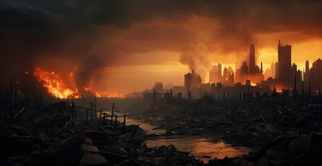 Fototapeta na wymiar the destroyed city with smoke in the background, apocalypse art