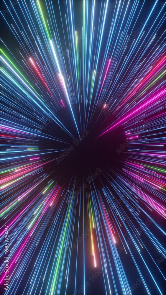 Poster 3d vertical video, abstract colorful background of bright rotating neon stars and glowing lines. the
