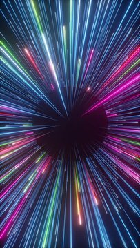 3d vertical video, abstract colorful background of bright rotating neon stars and glowing lines. The round shape of a black hole and the meteor shower.