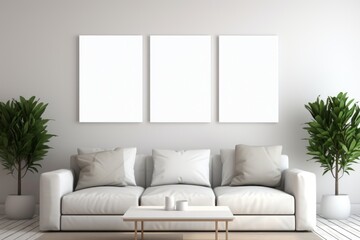 Interior of modern living room with white walls, wooden floor, white sofa and two vertical mock up posters.
