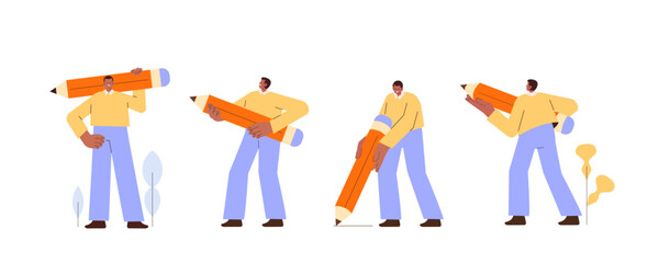 Person holding big pencil or pen illustrations set. Collection of character writing, editing or creating content. Education and creativity concept. Vector illustration. © Irina Strelnikova