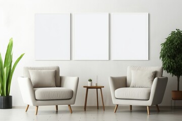 Modern living room interior with two armchairs and blank poster on wall. Mock up,