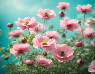 Obraz na płótnie Canvas pink flowers in the garden with blue sky