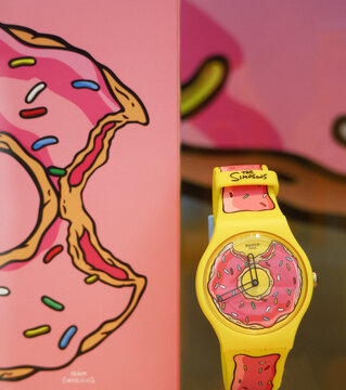 Swiss Swatch wristwatch dedicated to the TV series The Simpsons.Milan - Italy,25 November 2023