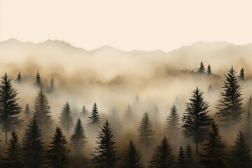 Pine trees on a mountain shrouded in mist, creating a serene and mysterious atmosphere. A scenic view of nature's wonders.ai generative