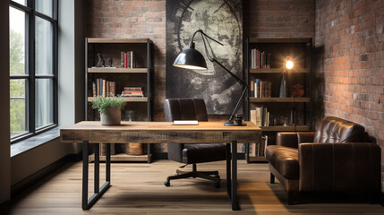 Industrial-style home office with a reclaimed wood desk Design and a bookshelf