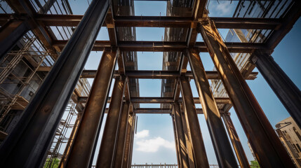 Fototapeta premium The steel beams of the building rise up into the sky